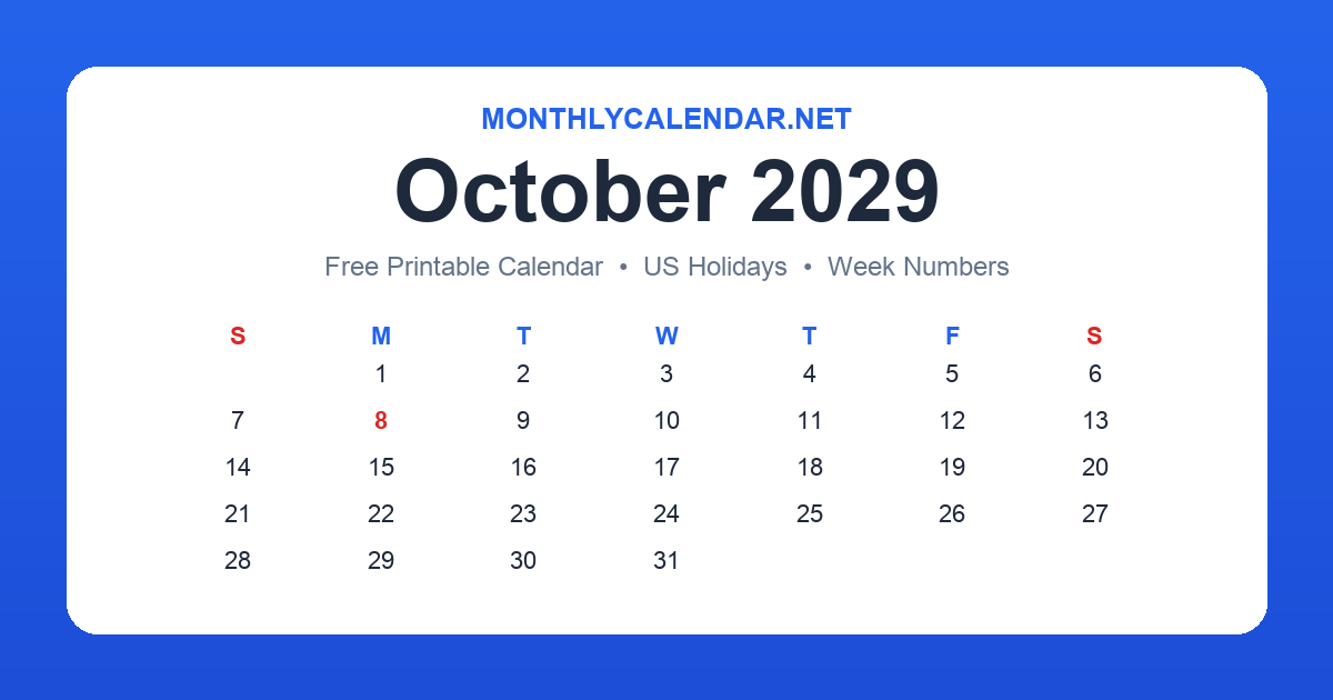 Printable October 2029 calendar with holidays