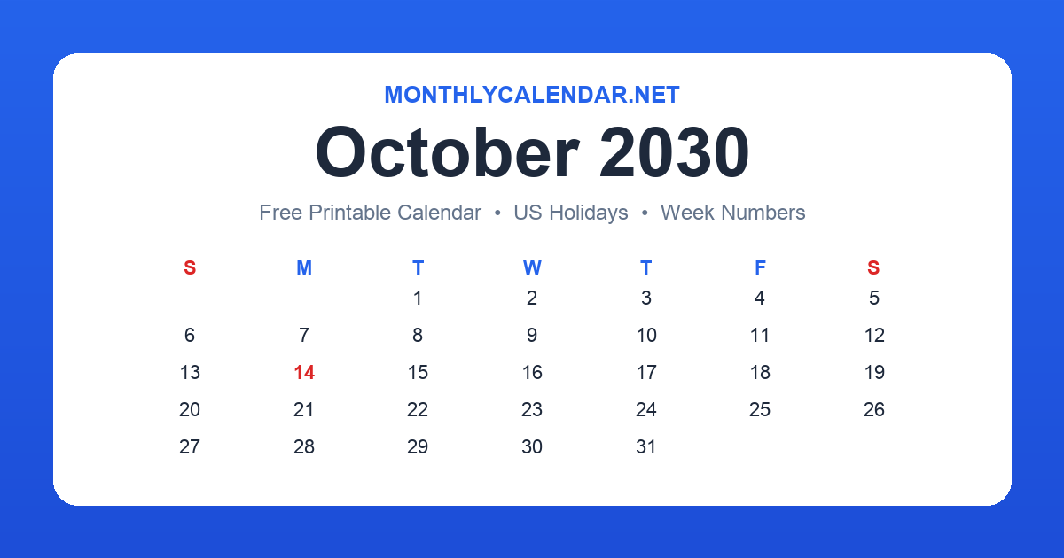 Printable October 2030 calendar with holidays