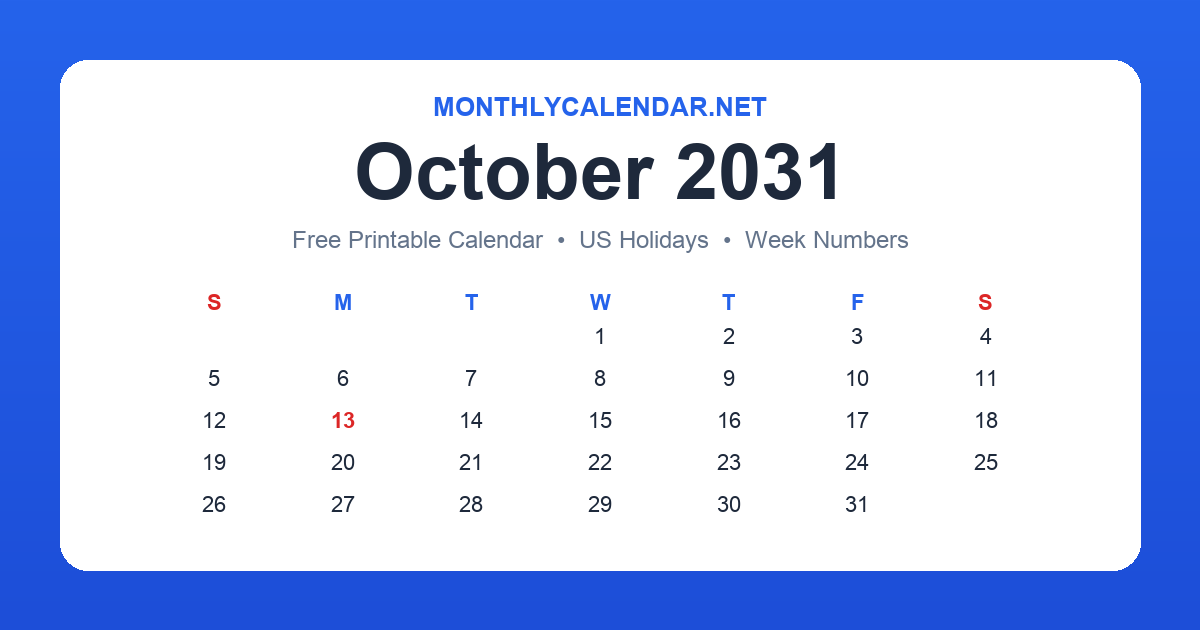 Printable October 2031 calendar with holidays