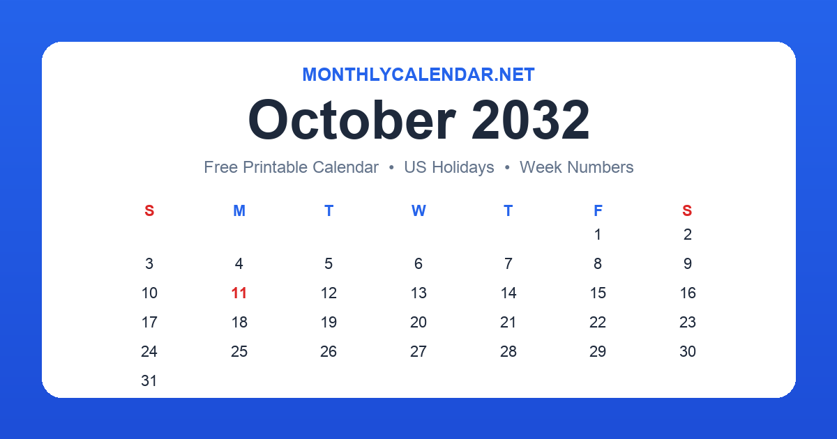 Printable October 2032 calendar with holidays