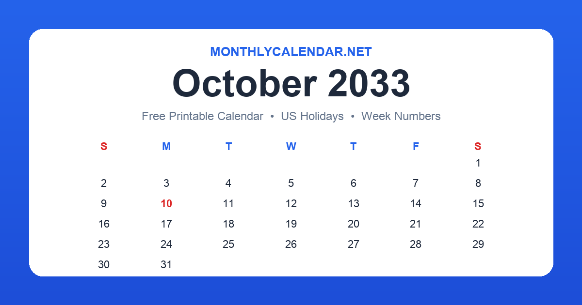 Printable October 2033 calendar with holidays