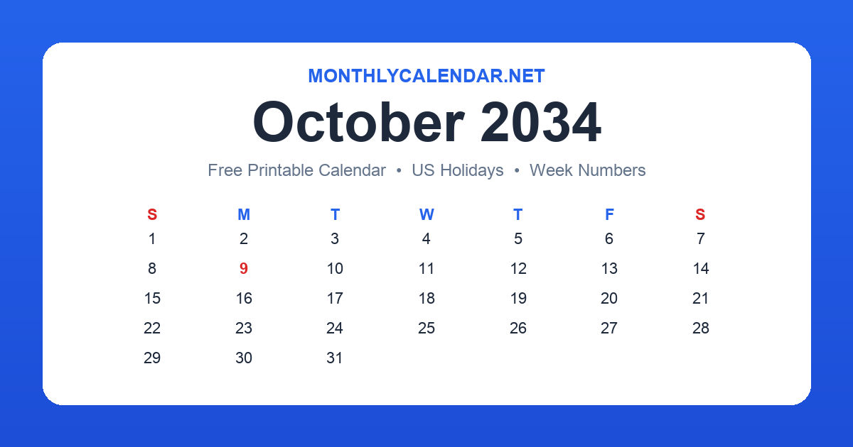 Printable October 2034 calendar with holidays