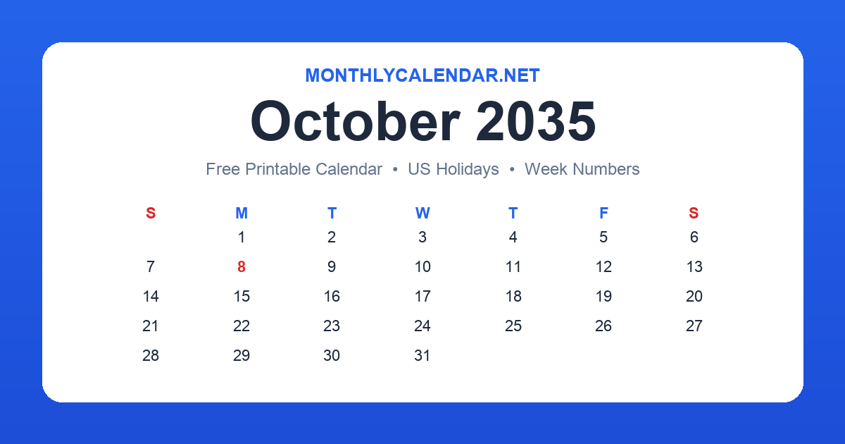 Printable October 2035 calendar with holidays
