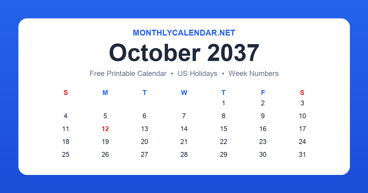 Printable October 2037 calendar with holidays