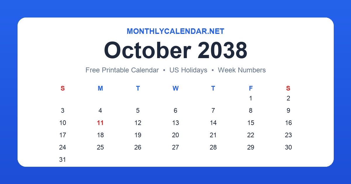 Printable October 2038 calendar with holidays