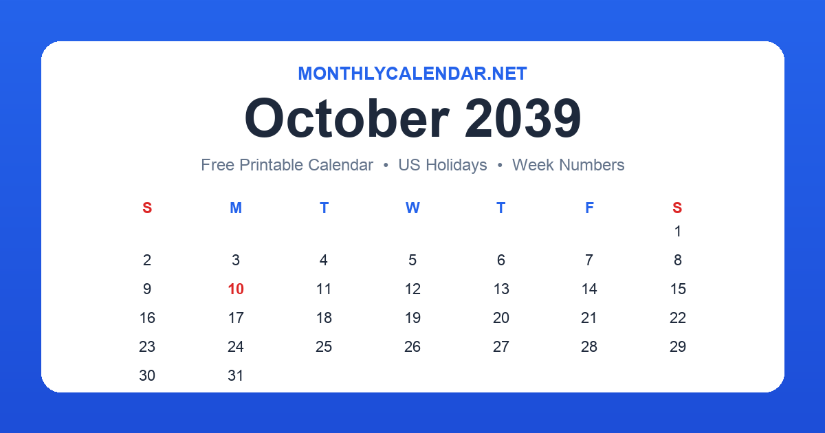 Printable October 2039 calendar with holidays