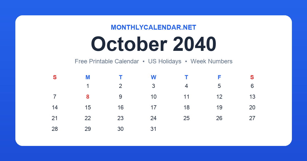 Printable October 2040 calendar with holidays