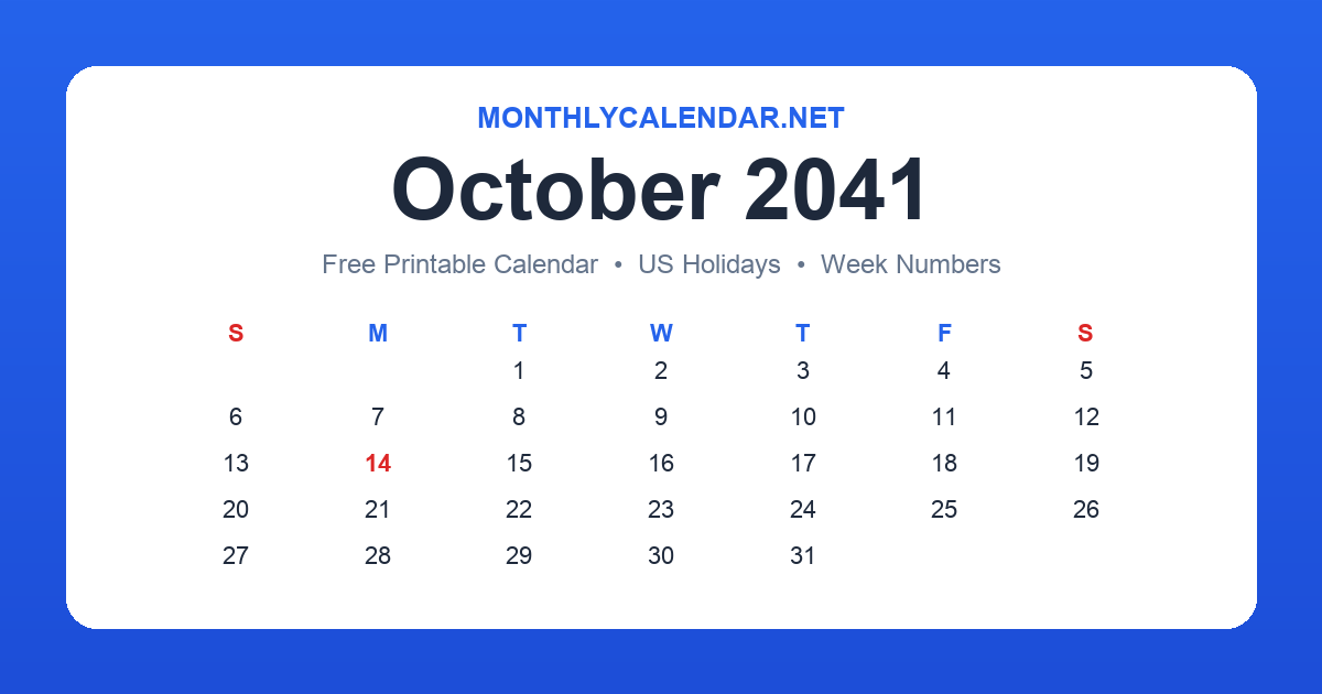 Printable October 2041 calendar with holidays