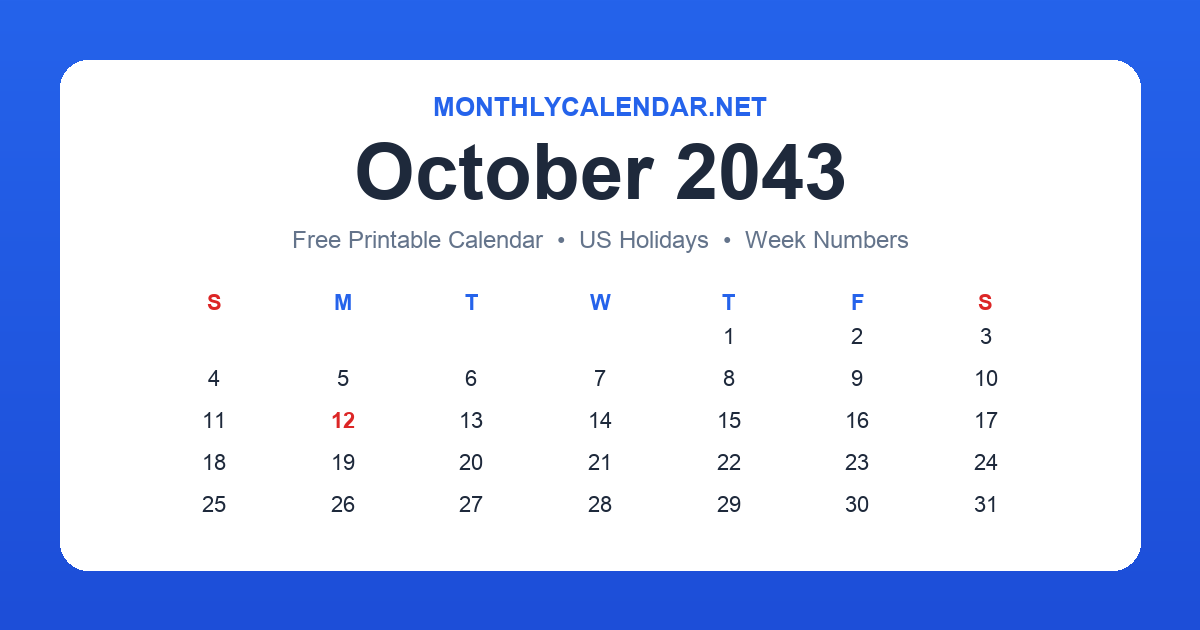 Printable October 2043 calendar with holidays