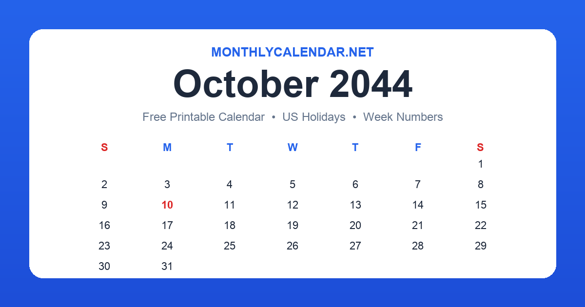 Printable October 2044 calendar with holidays