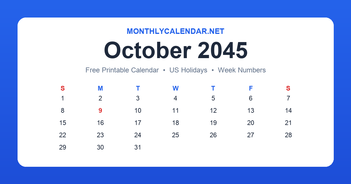 Printable October 2045 calendar with holidays