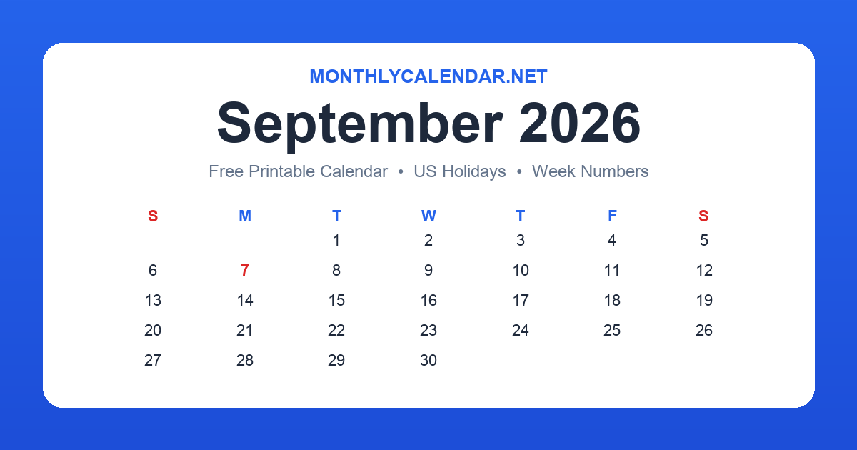 Printable September 2026 calendar with holidays