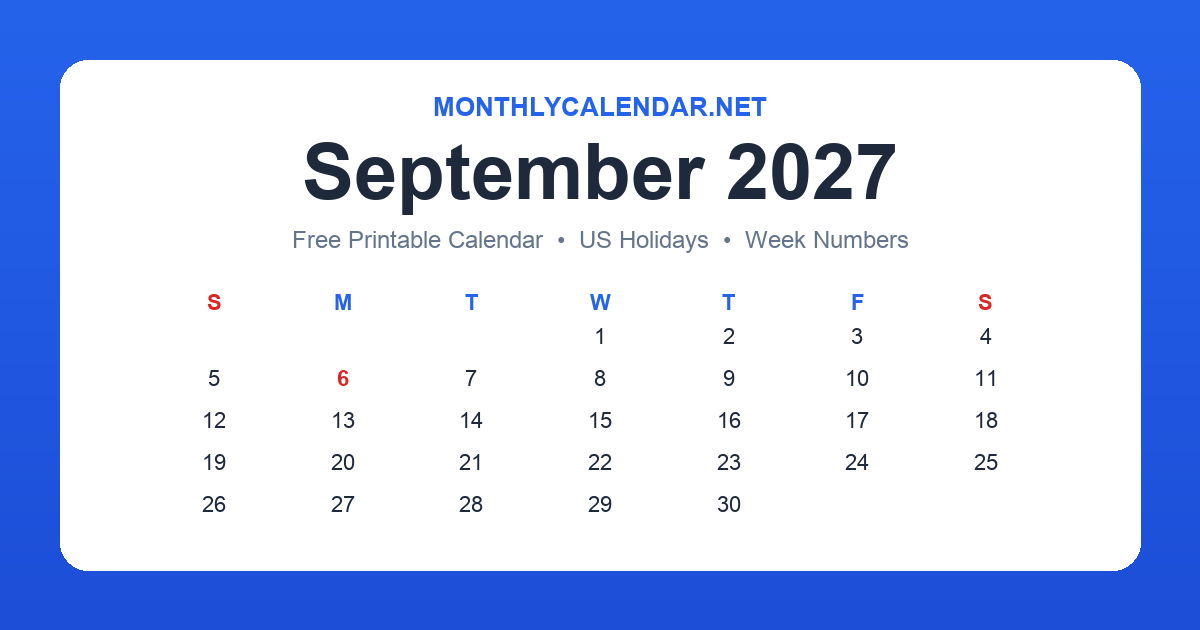 Printable September 2027 calendar with holidays