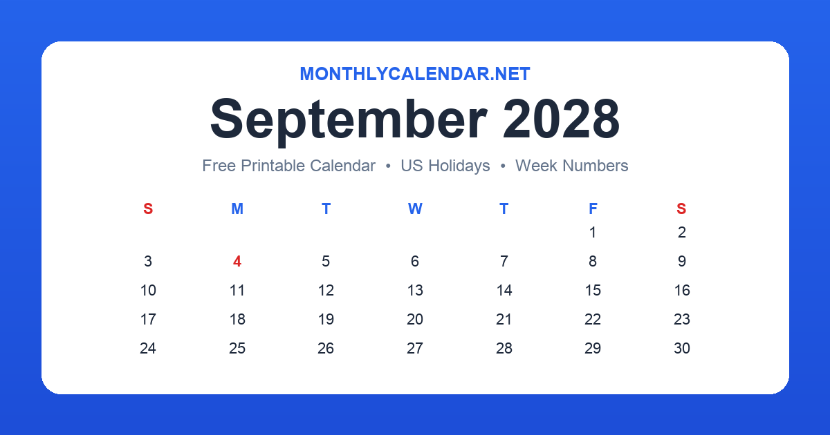 Printable September 2028 calendar with holidays