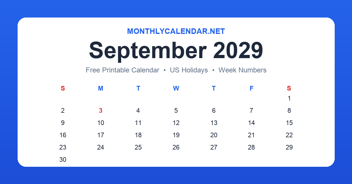 Printable September 2029 calendar with holidays