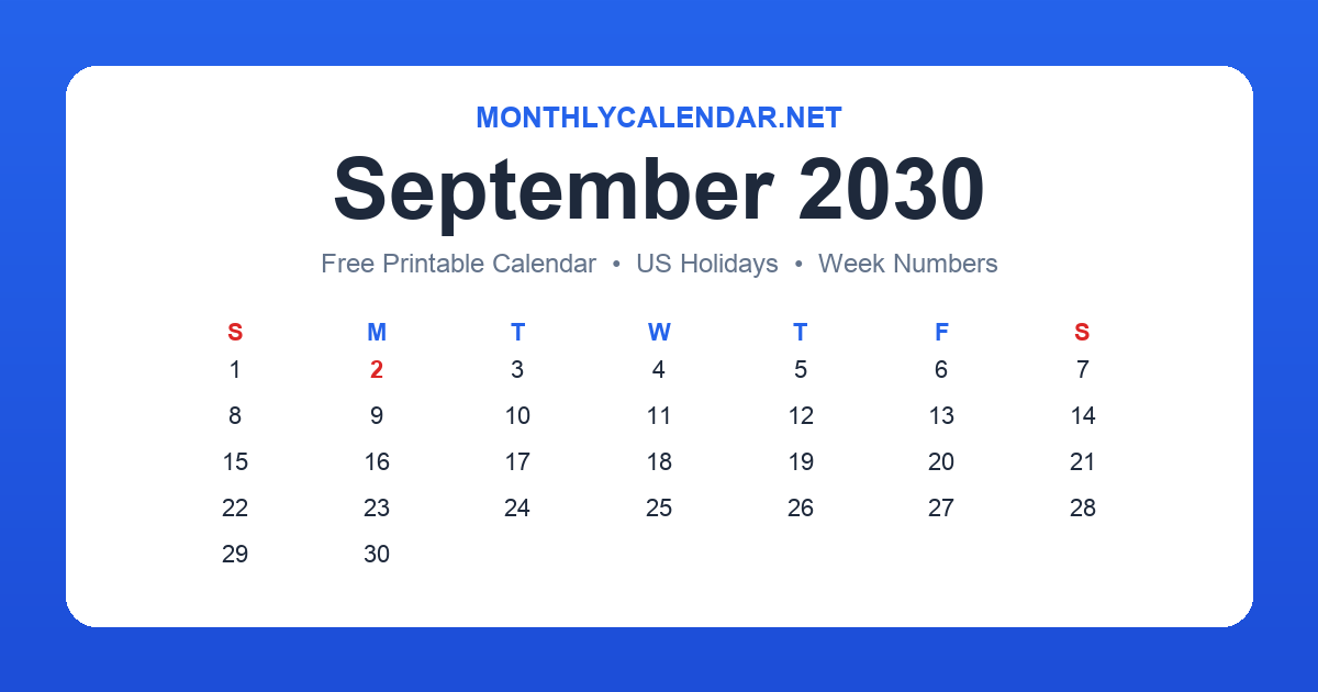 Printable September 2030 calendar with holidays