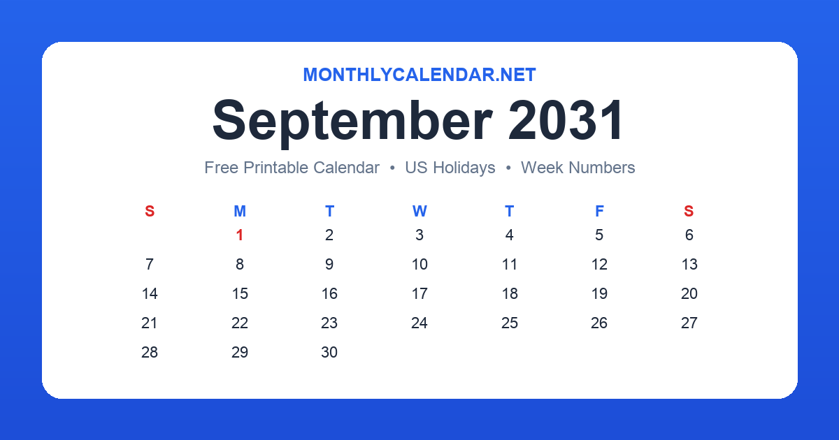 Printable September 2031 calendar with holidays