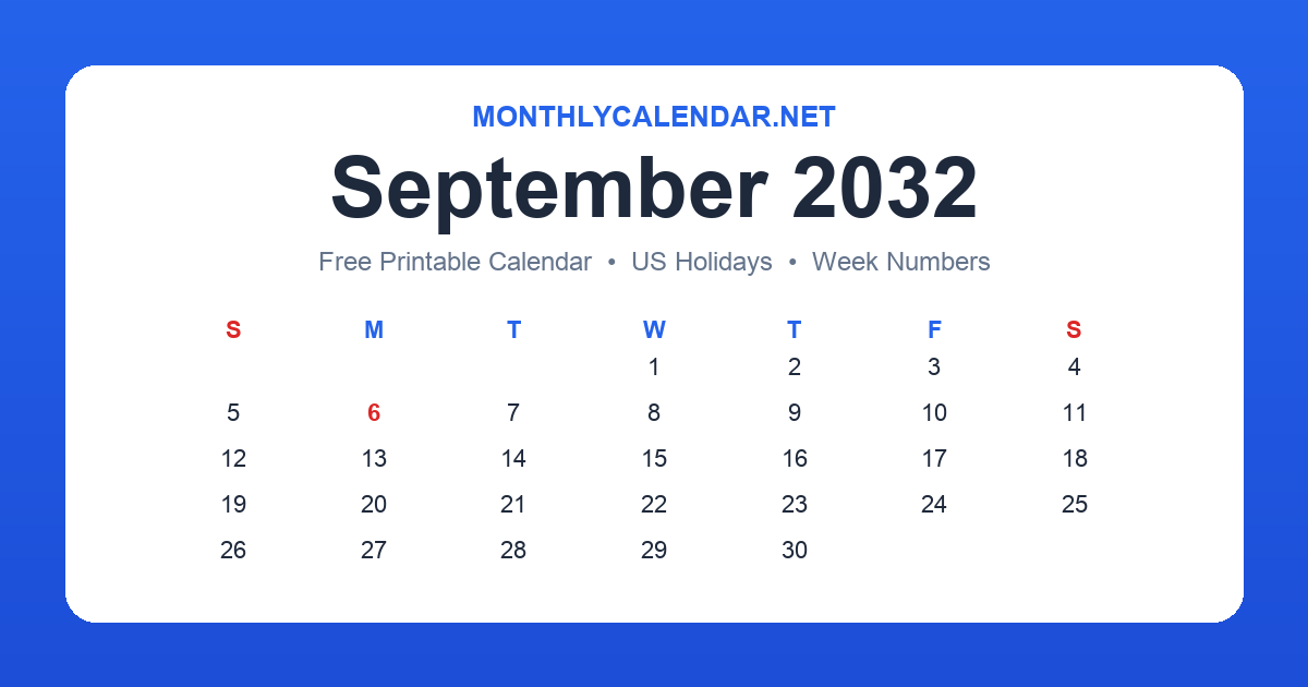 Printable September 2032 calendar with holidays