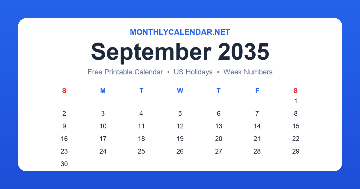 Printable September 2035 calendar with holidays