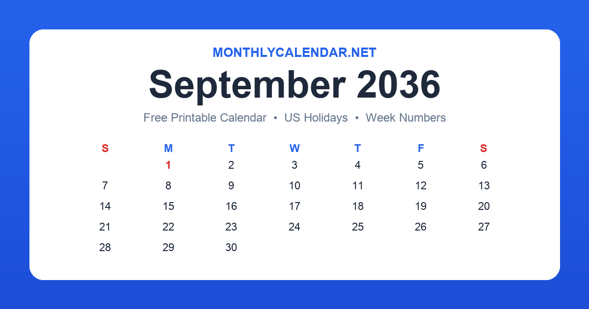 Printable September 2036 calendar with holidays