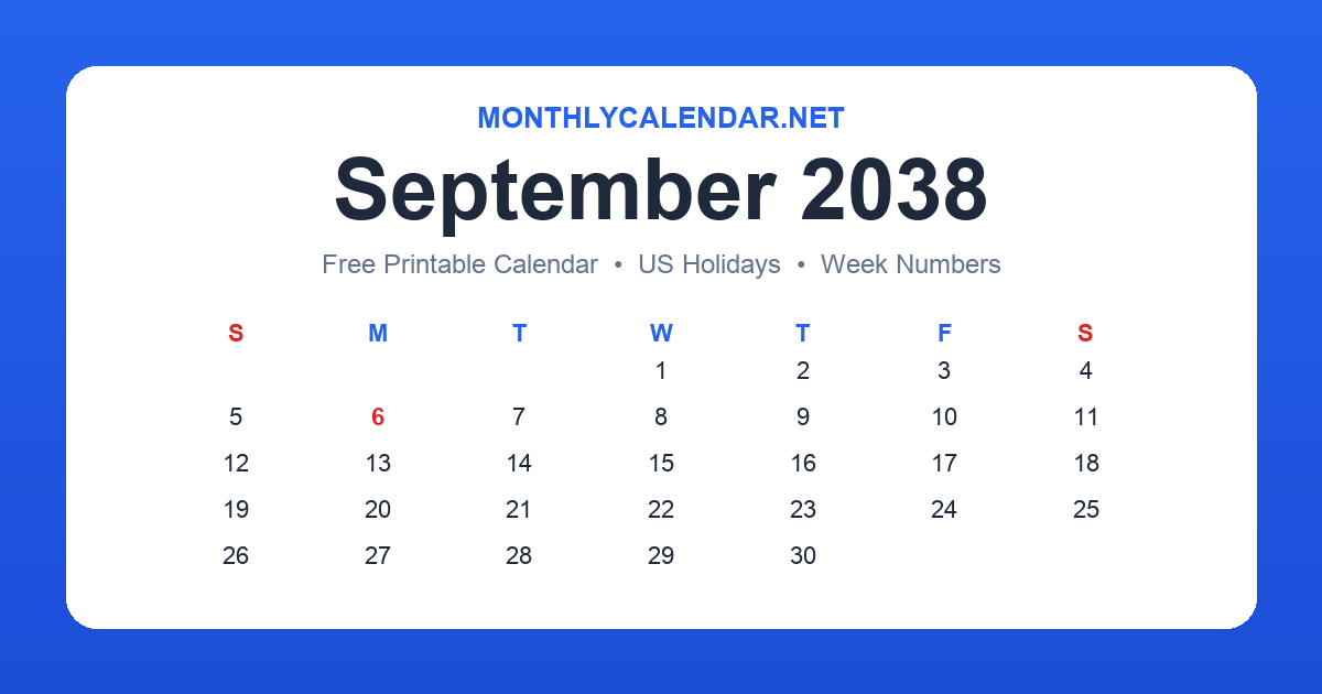 Printable September 2038 calendar with holidays
