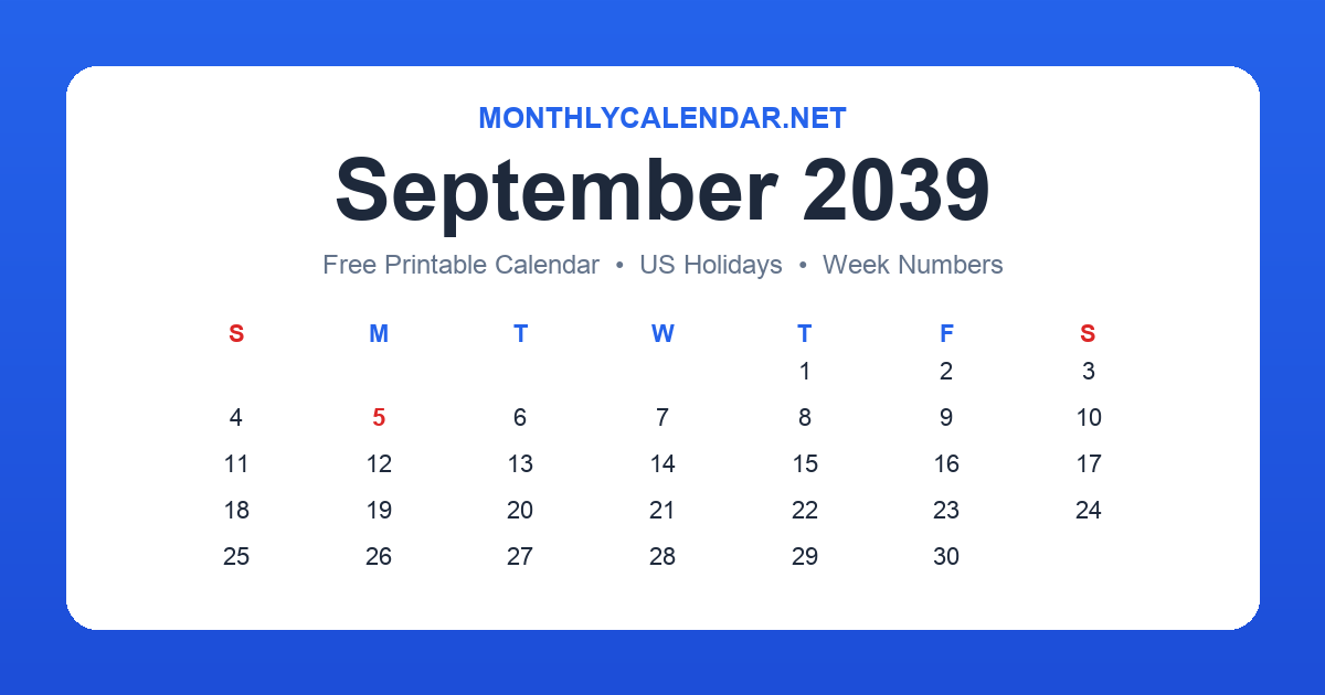 Printable September 2039 calendar with holidays