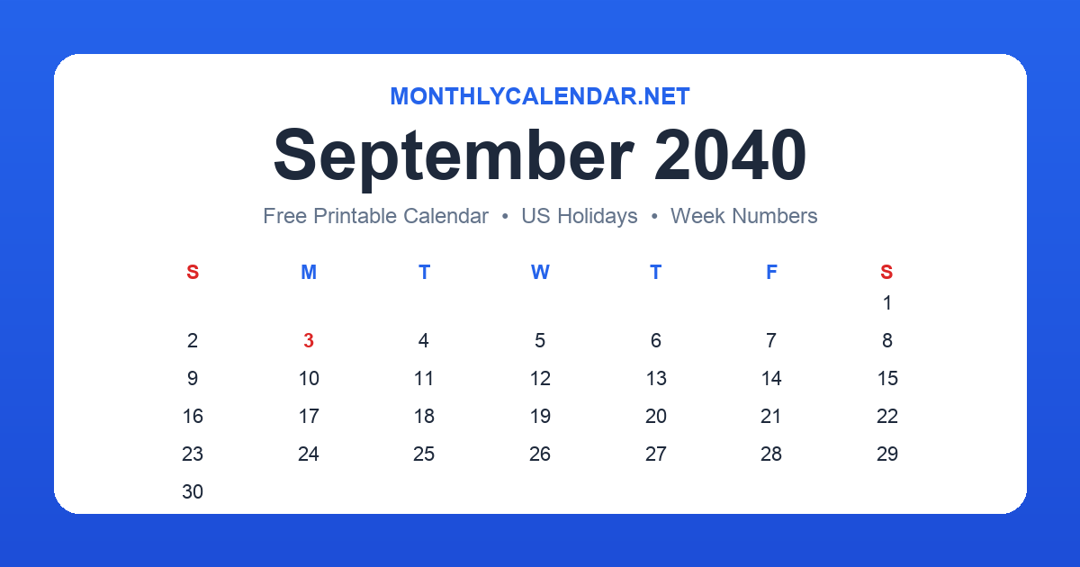Printable September 2040 calendar with holidays