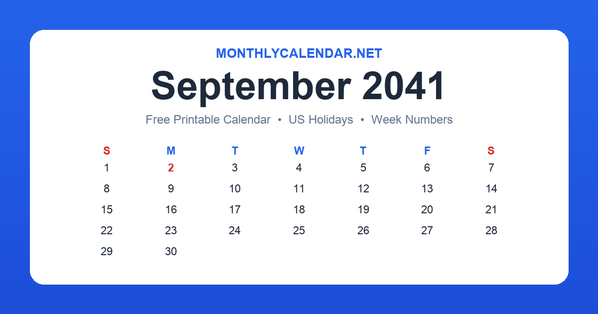 Printable September 2041 calendar with holidays