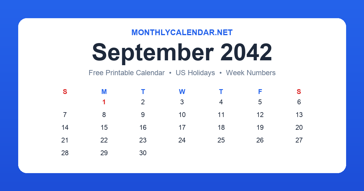 Printable September 2042 calendar with holidays