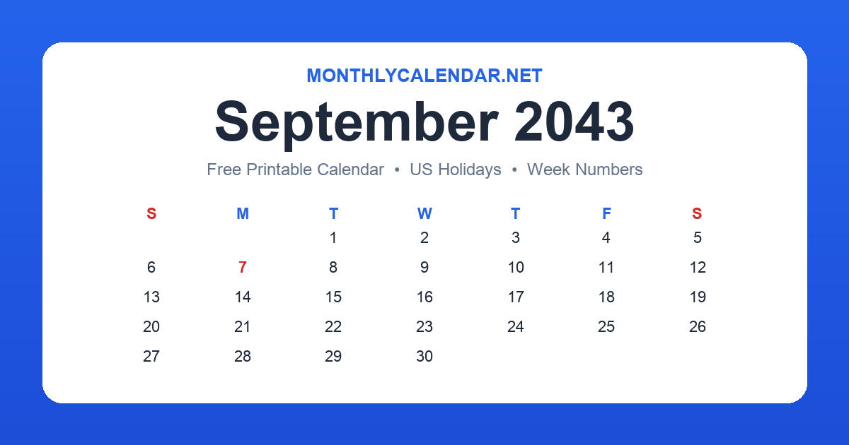 Printable September 2043 calendar with holidays