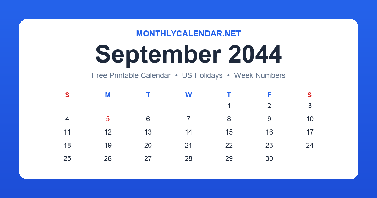 Printable September 2044 calendar with holidays