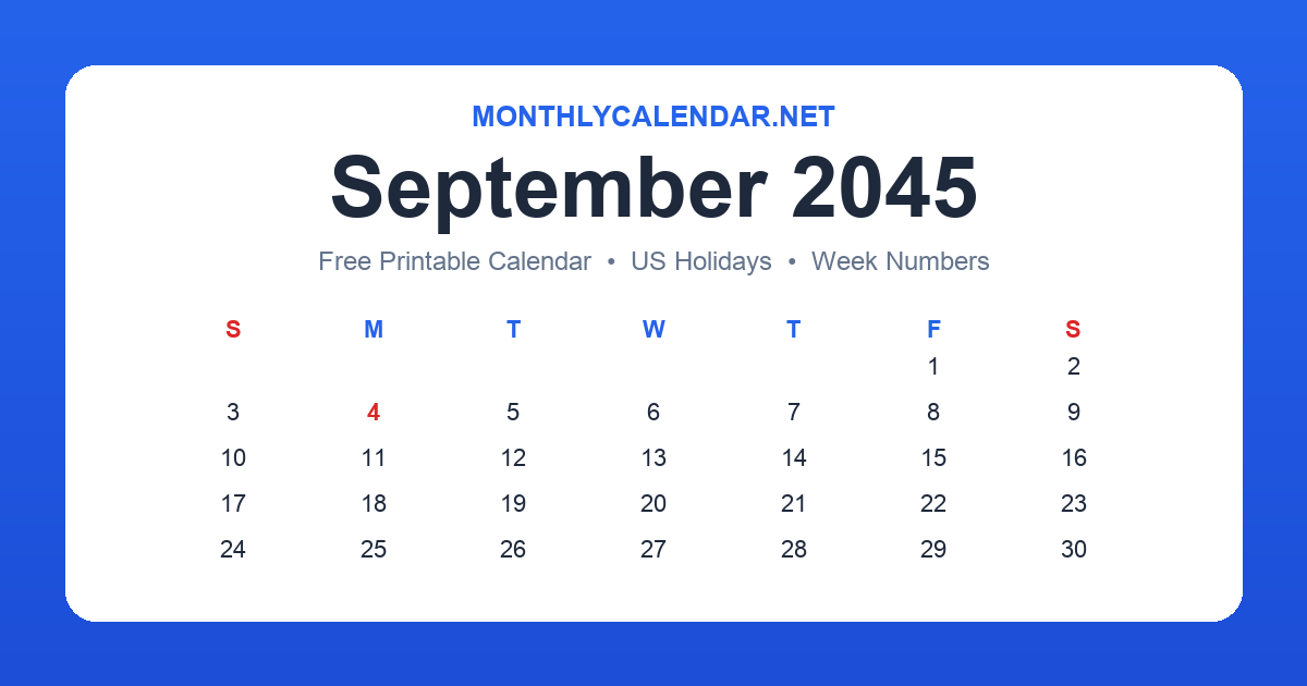 Printable September 2045 calendar with holidays